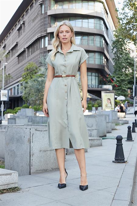 Kadın Twill Modal Yakalı Düşük Omuzlu Duble Kol  Midi Boy Diz Altı Elbise(Deri Kemer Dahil)-Açık Haki 