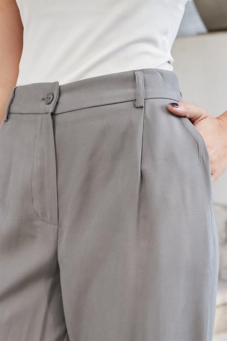 kadın twill modal yüksek bel yan cepli pileli arkası lastikli bol paça pantolon