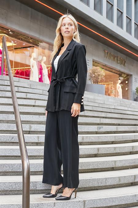 Kadın İpeksi Modal Yüksek Bel Yan Cepli Pileli Arkası Lastikli Bol Paça Palazzo Pantolon-Siyah