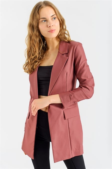 Kadın Kolu Katlanabilir Uzun Kol Boyfriend Şık Ofis Blazer Uzun Ceket-Gül Kurusu