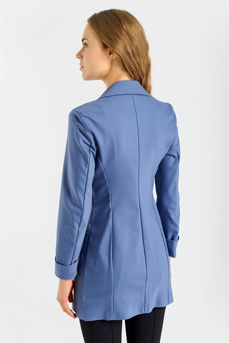 Kadın Kolu Katlanabilir Uzun Kol Boyfriend Şık Ofis Blazer Uzun Ceket-Dirty Blue