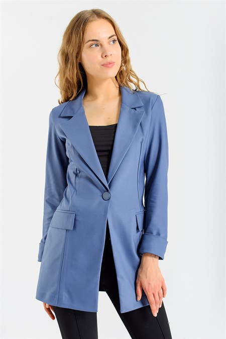 Kadın Kolu Katlanabilir Uzun Kol Boyfriend Şık Ofis Blazer Uzun Ceket-Dirty Blue