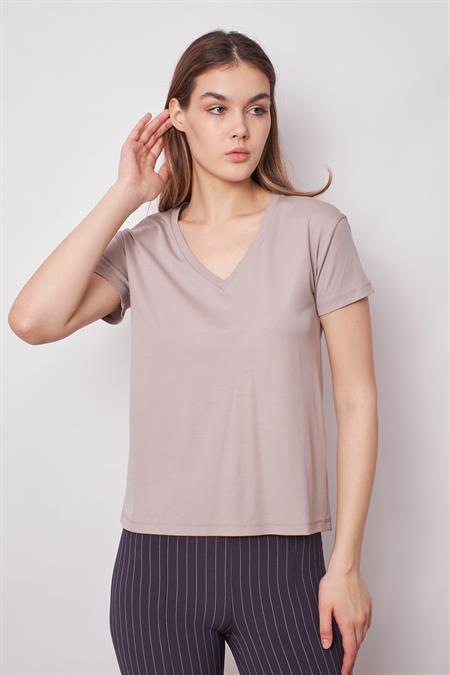 Kadın V Yaka Kısa Kol Likralı Kumaş Şık T-shirt Bluz-Gri