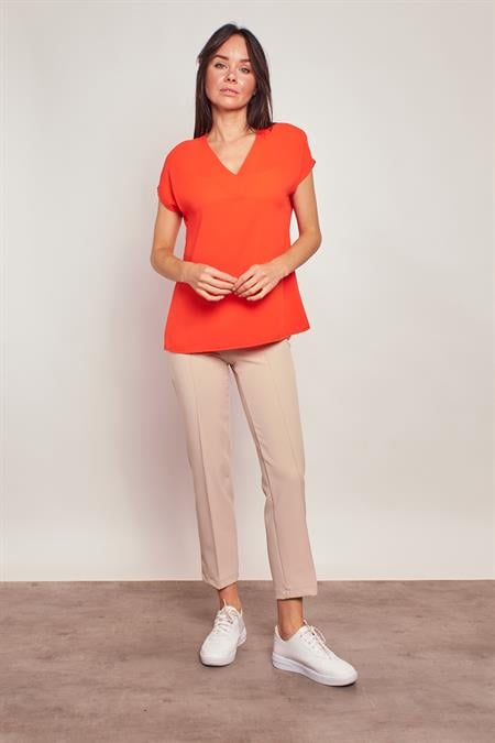 Hafif Parlak Şık Kumaş V Yaka Kısa Kol Rahat Bluz -Oranj 