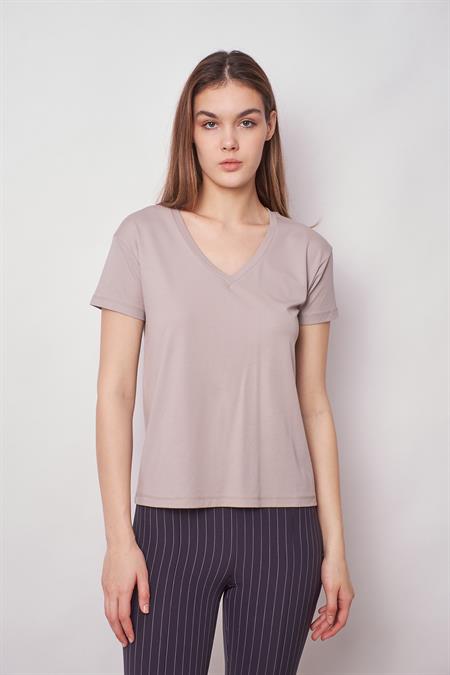 Kadın V Yaka Kısa Kol Likralı Kumaş Şık T-shirt Bluz-Gri