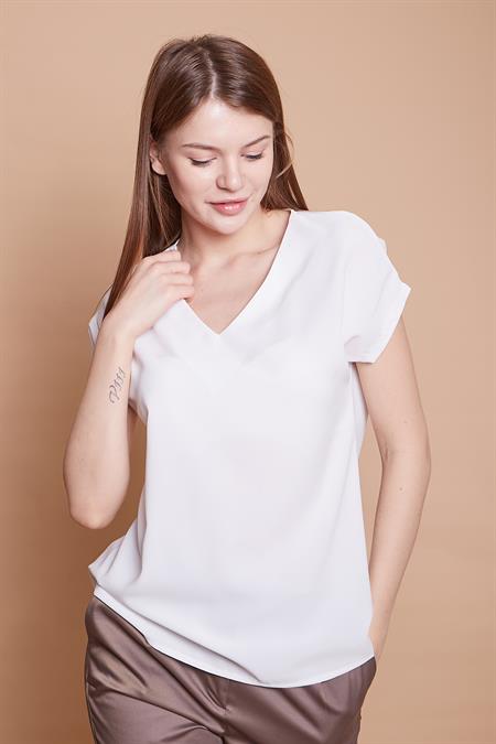 Mat Saten Kumaş V Yaka Kısa Kol Bluz-Krem