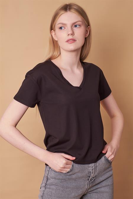 Kadın V Yaka Kısa Kol Likralı Kumaş Şık Bluz-Siyah