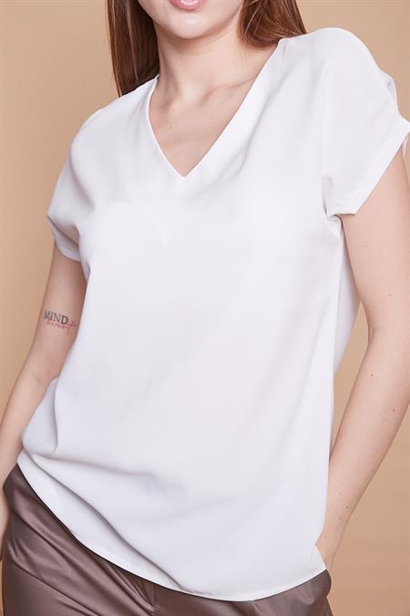 Mat Saten Kumaş V Yaka Kısa Kol Bluz-Krem
