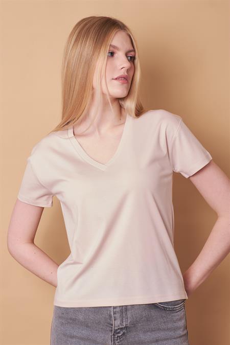 Kadın V Yaka Kısa Kol Likralı Kumaş Şık Bluz-Taş