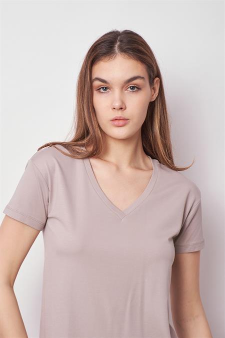 Kadın V Yaka Kısa Kol Likralı Kumaş Şık T-shirt Bluz-Gri