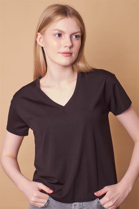 Kadın V Yaka Kısa Kol Likralı Kumaş Şık Bluz-Siyah