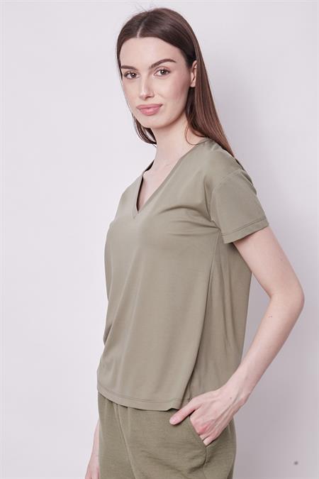 Kadın V Yaka Kısa Kol Likralı Span Kumaş Şık T-shirt Bluz-Haki 