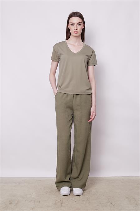 Kadın V Yaka Kısa Kol Likralı Span Kumaş Şık T-shirt Bluz-Haki 