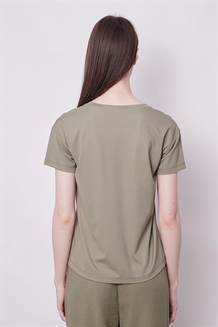 Kadın V Yaka Kısa Kol Likralı Span Kumaş Şık T-shirt Bluz-Haki 