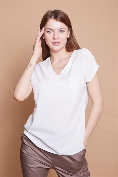 Mat Saten Kumaş V Yaka Kısa Kol Bluz-Krem