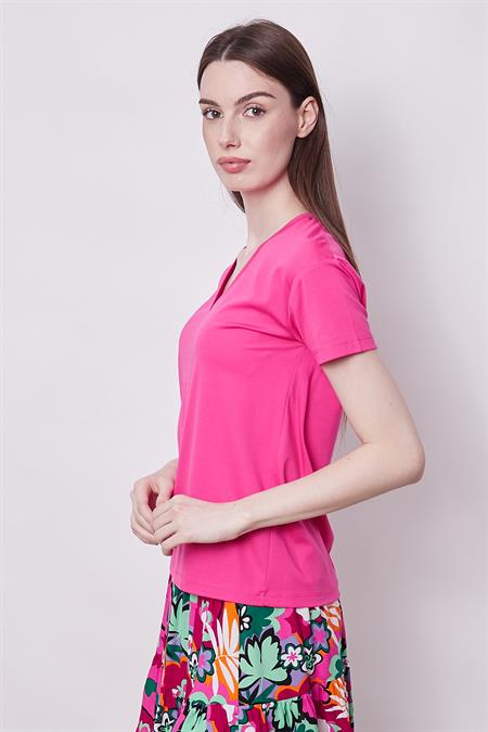 Kadın V Yaka Kısa Kol Likralı Span Kumaş Şık T-shirt Bluz-Fujya 