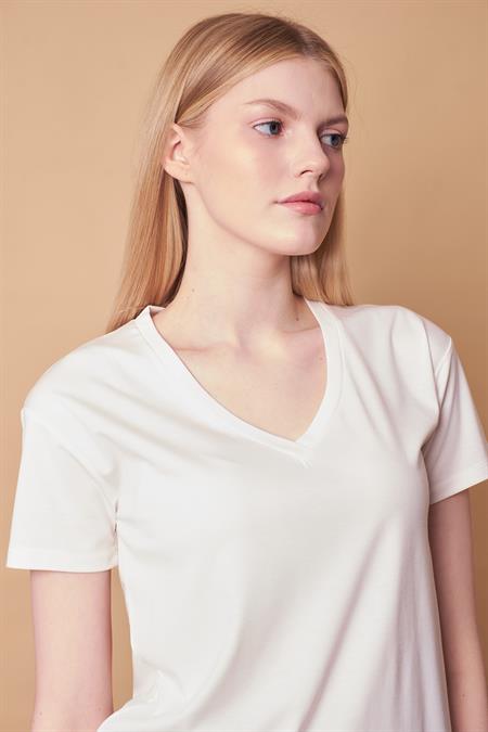 Kadın V Yaka Kısa Kol Likralı Kumaş Şık Bluz-Krem