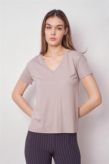 Kadın V Yaka Kısa Kol Likralı Kumaş Şık T-shirt Bluz-Gri