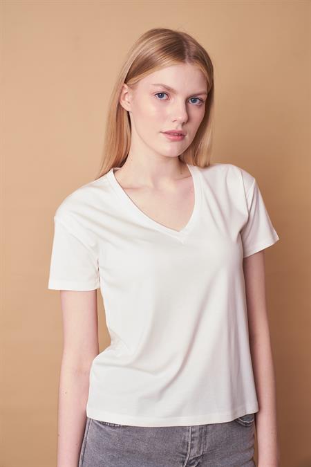 Kadın V Yaka Kısa Kol Likralı Kumaş Şık Bluz-Krem