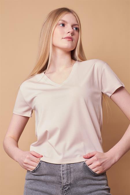 Kadın V Yaka Kısa Kol Likralı Kumaş Şık Bluz-Taş