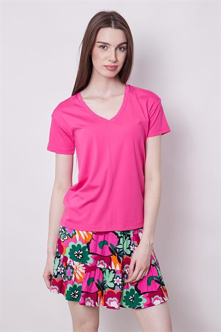 Kadın V Yaka Kısa Kol Likralı Span Kumaş Şık T-shirt Bluz-Fujya 