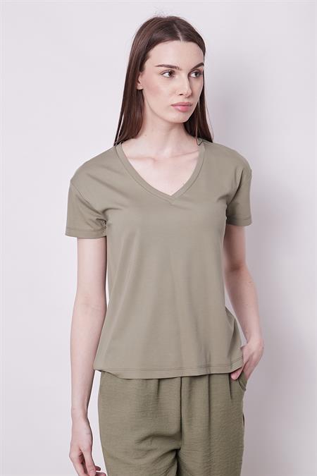 Kadın V Yaka Kısa Kol Likralı Span Kumaş Şık T-shirt Bluz-Haki 
