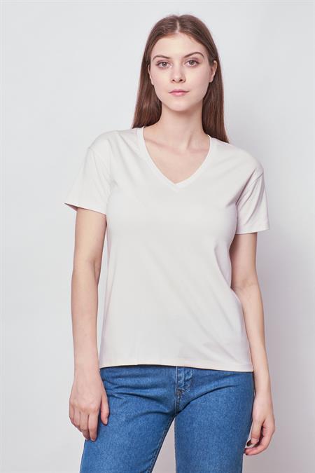 Kadın V Yaka Kısa Kol Likralı Span Kumaş Şık T-shirt Bluz-Şampanya