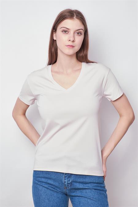 Kadın V Yaka Kısa Kol Likralı Span Kumaş Şık T-shirt Bluz-Şampanya
