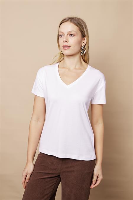 Kadın V Yaka Kısa Kol Likralı Span Kumaş Şık T-shirt Bluz-Beyaz
