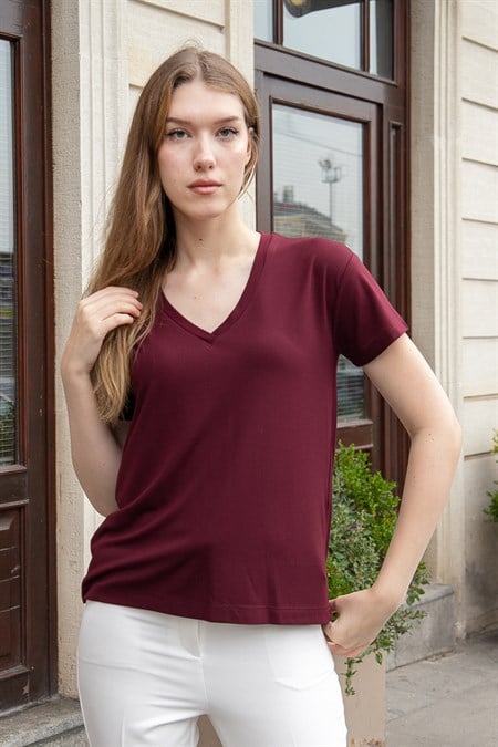 Kadın V Yaka Kısa Kol Likralı Span Kumaş Şık T-shirt Bluz-Bordo 