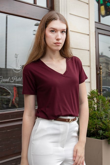 Kadın V Yaka Kısa Kol Likralı Span Kumaş Şık T-shirt Bluz-Bordo 