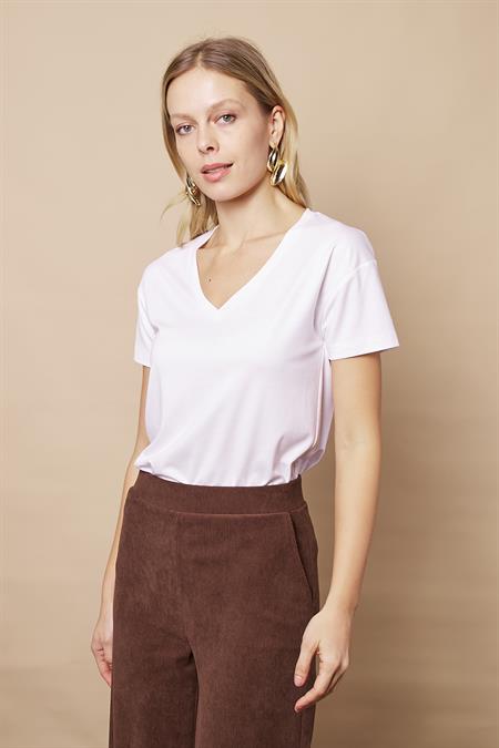Kadın V Yaka Kısa Kol Likralı Span Kumaş Şık T-shirt Bluz-Beyaz