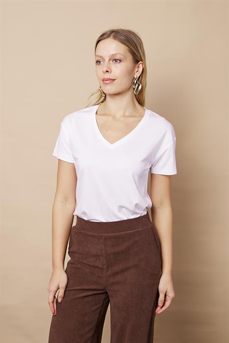 Kadın V Yaka Kısa Kol Likralı Span Kumaş Şık T-shirt Bluz-Beyaz