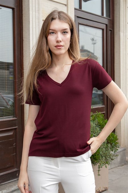 Kadın V Yaka Kısa Kol Likralı Span Kumaş Şık T-shirt Bluz-Bordo 