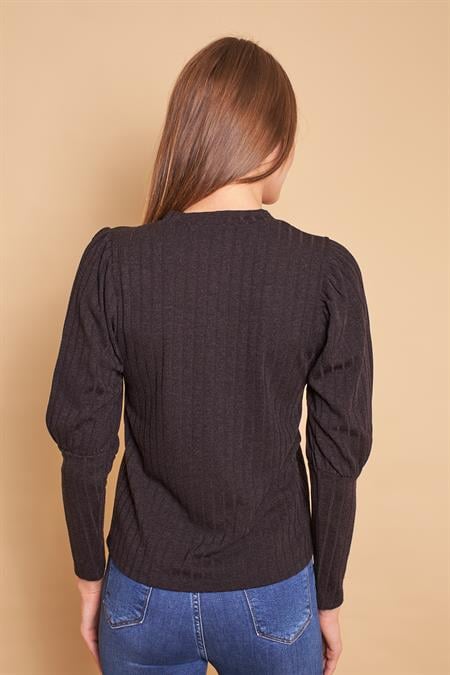 V Yaka Kol Büzgülü Uzun Kol Hafif Esnek Triko Bluz-Siyah