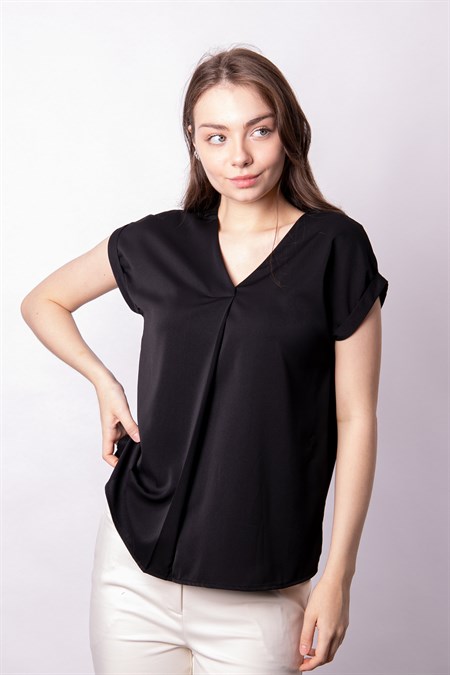 Kadın İpeksi Krep Kumaş V Yaka Önü Pileli Düşük Omuzlu Duble Kol Bluz-Siyah