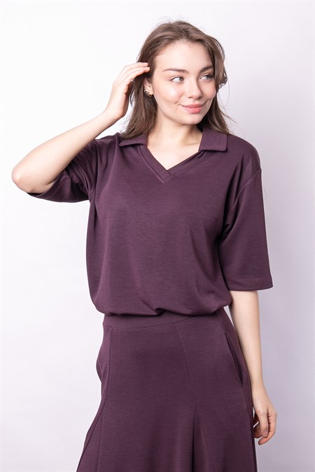 Kadın Yumşak Dokulu Esnek Kumaş V Yaka Yakalı Düşük Omuzlu Dirsek Boy Kollu Oversize Bluz-Bordo