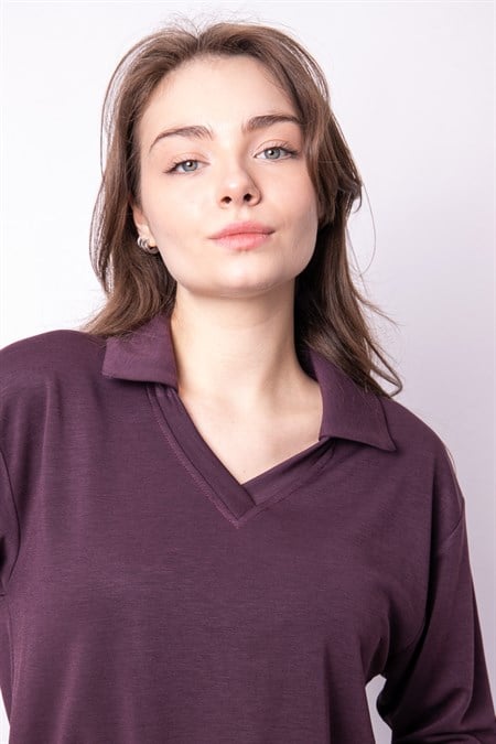 Kadın Yumşak Dokulu Esnek Kumaş V Yaka Yakalı Düşük Omuzlu Dirsek Boy Kollu Oversize Bluz-Bordo
