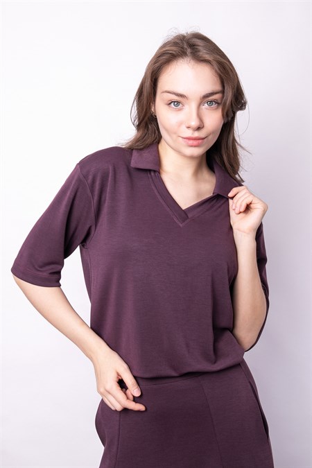 Kadın Yumşak Dokulu Esnek Kumaş V Yaka Yakalı Düşük Omuzlu Dirsek Boy Kollu Oversize Bluz-Bordo