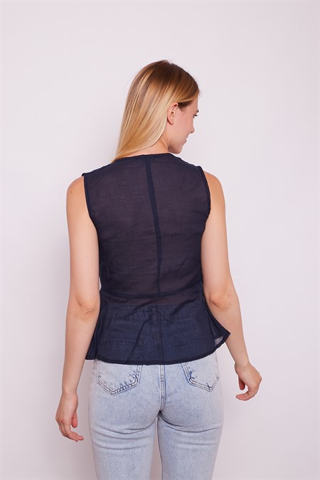 Vual Anvelop Kruvaze Önü Pileli Beli Volanlı Kolsuz Bluz -Lacivert