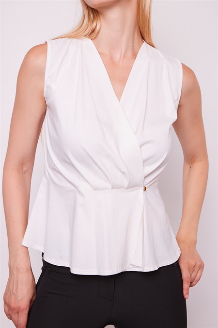 Vual Anvelop Kruvaze Önü Pileli Beli Volanlı Kolsuz Bluz -Krem 