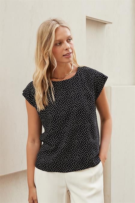 Kadın Desenli Vual Geniş Sıfır Yaka Düşük Omuzlu Şık Bluz-Siyah Puanlı