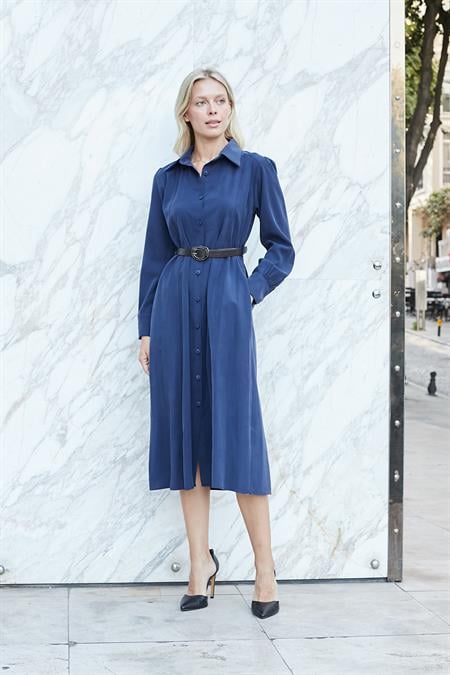 Kadın Sonbaharlık Likrasız Modal Kumaş Yakalı Yan Cepli Deri Kemerli Uzun Kol Diz Altı Uzun Elbise-Lacivert