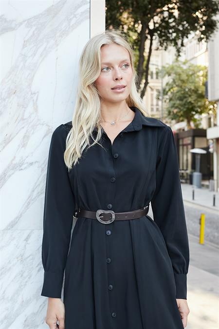 Kadın Sonbaharlık Likrasız Modal Kumaş Yakalı Yan Cepli Deri Kemerli Uzun Kol Dİz Altı Uzun Elbise-Siyah