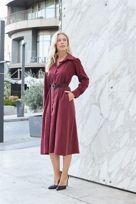 Kadın Sonbaharlık Likrasız Modal Kumaş Yakalı Yan Cepli Deri Kemerli Uzun Kol Diz Altı Uzun Elbise-Bordo