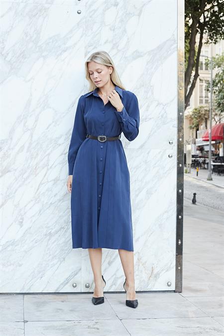 Kadın Sonbaharlık Likrasız Modal Kumaş Yakalı Yan Cepli Deri Kemerli Uzun Kol Diz Altı Uzun Elbise-Lacivert