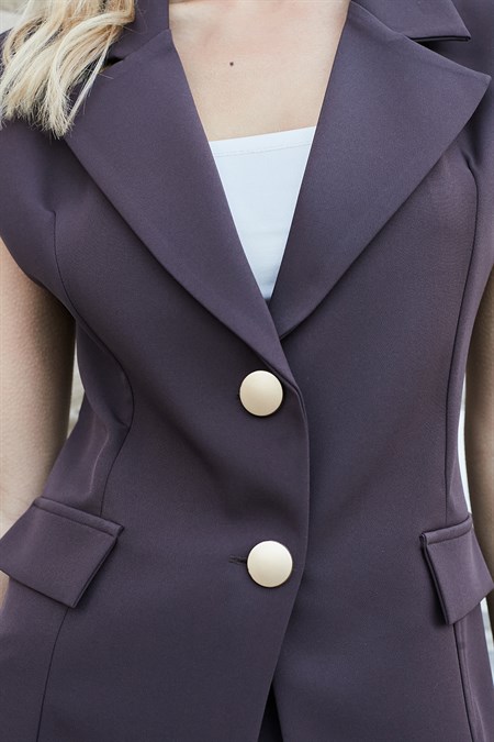 Kadın Yakalı Cep Kapaklı Çift Düğmeli Hafif Likralı Kumaş Yelek-Kahve