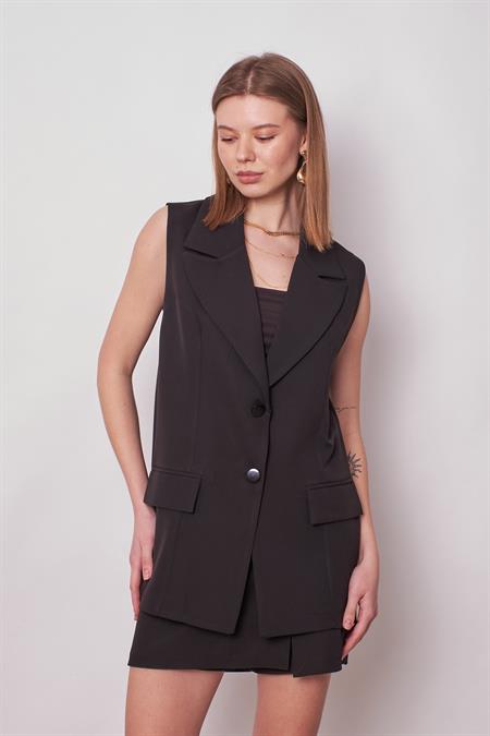 Kadın Yakalı Cep Kapaklı Hafif Likralı Dokuma Kumaş Oversize Blazer Yelek-Siyah
