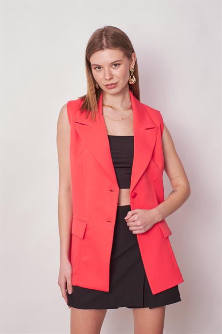 Kadın Yakalı Cep Kapaklı Hafif Likralı Dokuma Kumaş Oversize Blazer Yelek-Mercan