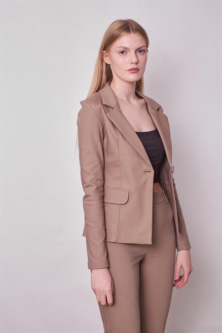 Kadın Yakalı Cep Kapaklı Uzun Kol Hafif Likralı Kumaş Blazer Ceket(Pantolon Jument 40076)-Vizon